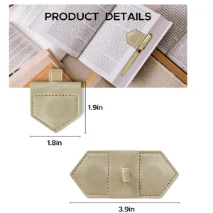 Magnetic leather bookmark and pen holder clip, elegant stationery accessory for books.