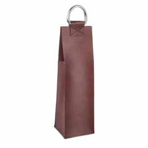 Borsa regalo per vino in pelle spessa con manico ad anello in metallo per bottiglia.