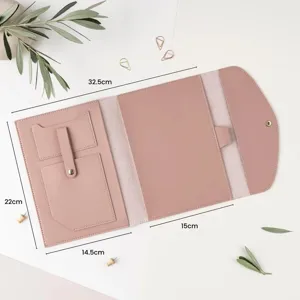 Pink PU leather trifold document organizer folder office notepad cover with multi card slots.