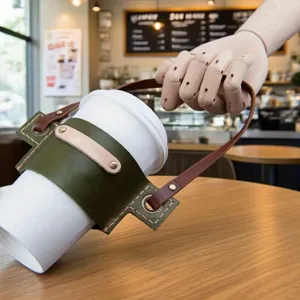 Creativa custodia per tazza in pelle bicolore con manico e cinghia regolabile per caffè tè.