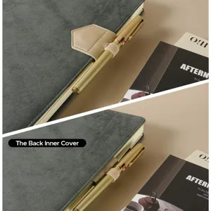 Magnetic pen clip bookmark for notebook, dark grey velvet cover detail view close-up.