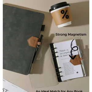 Magnetic pen clip and bookmark detail showing strong leather holder for notebooks and books.