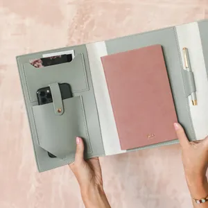 PU leather trifold notebook folder A5 multi-functional organizer with pen loop and notepad.