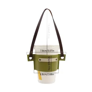 Custodia per tazza in pelle regolabile con manico, borsa portatazza caffè bicolore.