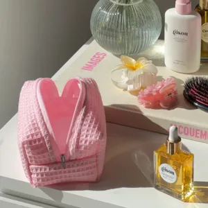 Koreaanse gewatteerde cosmetische tas wafeltextuur rits make-up etui reizen detailweergave