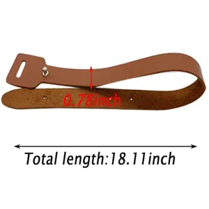 Detailed view of brown leather curtain tieback strap showing size dimensions and metal snap.