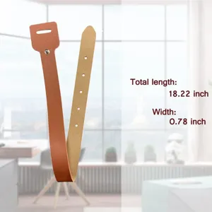 Detail view of adjustable leather curtain tieback strap with snap button and punch-free design.