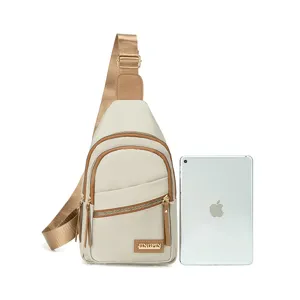 Women nylon sling chest bag stylish casual crossbody daypack with multi zip pockets beige