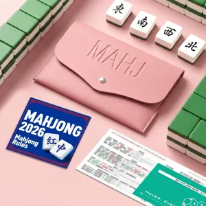 Astuccio per carte mahjong in pelle rosa dettaglio con goffratura e accessori di gioco coordinati.