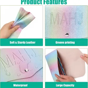 Astuccio per carte Mahjong in pelle glitterata arcobaleno con stampa a scanalatura.
