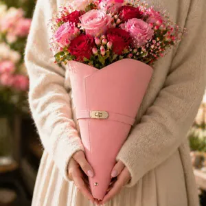 PU Leder Blumenstrauß Verpackungskegel mit Metallschloss für romantische Geschenke