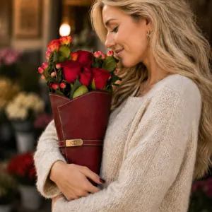 Boîte d'emballage de bouquet de fleurs en cuir PU avec serrure métallique manchon principal