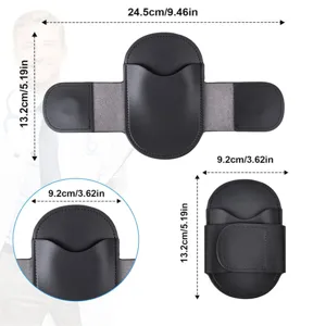 Detailed view of black leather stethoscope holder showing precise dimensions and waist pouch design.