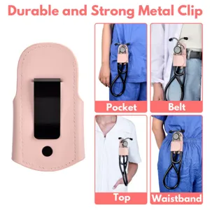 Leather stethoscope holster with metal clip portable medical tool pouch for nurses and doctors.