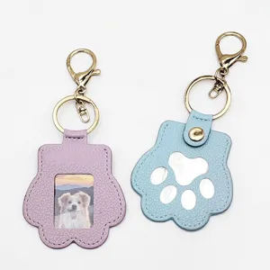 Cute pet fur memorial keychain with photo slot and hair storage design in purple and blue.