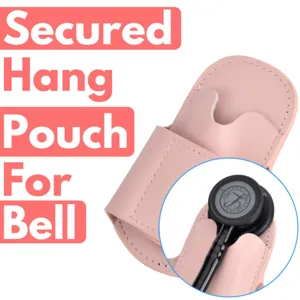 Closeup detail of pink leather stethoscope holster pouch, showing secure holder slot design.