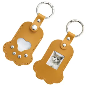 Cute pet paw keychain photo holder yellow leather cute cat souvenir key ring pendant