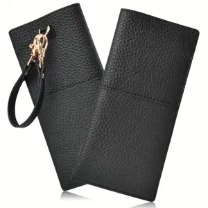 Detailed view of portable black leather glasses pouch with wrist strap for travel sunglasses.