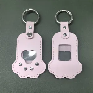 Pink leather paw shaped pet photo keychain cute memorial key ring holder for dog cat