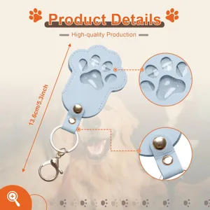 Blue leather pet paw shape photo keychain commemorative key ring with clear display window.