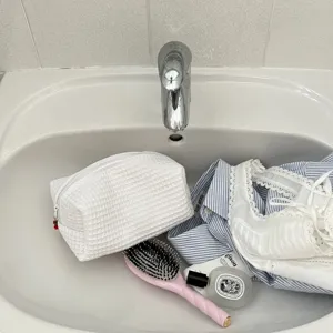 Witte wafel patroon cosmetische tas reizen draagbare make-up etui rits opbergtas