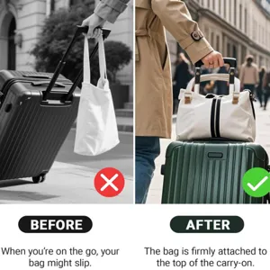 Luggage strap detail showing comparison before and after securing travel bags securely.