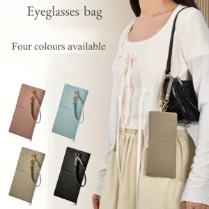 Portable PU Leather Sunglasses Case Litchi Pattern Eyeglass Pouch With Wrist Strap And Card Slot Travel Glasses Storage Bag