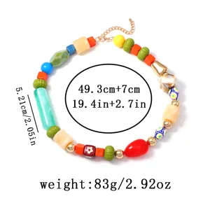 Colorful geometric beaded necklace detail display, quirky style charm, size and weight specs shown