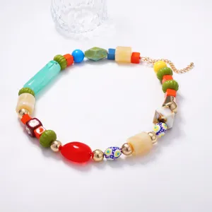 Colorful geometric beaded necklace, trendy artistic style, unique acrylic chic jewelry.
