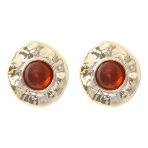 Retro goldene texturierte runde Legierungs-Ohrstecker mit Bernstein Harz für elegante Damen.