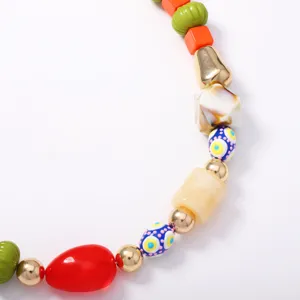 Close-up detail of colorful beaded necklace, unique geometric mixed material fashion jewelry.
