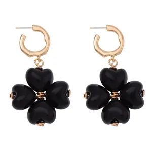Pendientes colgantes de trébol de corazón negro vintage francés joyas mujer