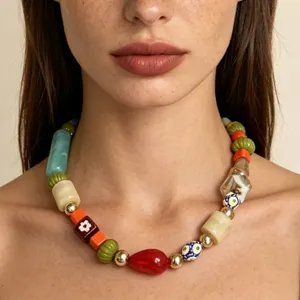 Artistic Sweet Colorful Irregular Geometric Beaded Necklace For Women Aesthetic Resin Glass Beads Patchwork Alloy Chain Necklace
