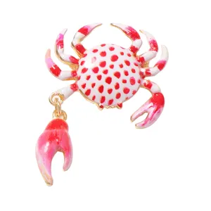 Cute red and white crab alloy brooch with hanging claw pendant, summer beach enamel jewelry.
