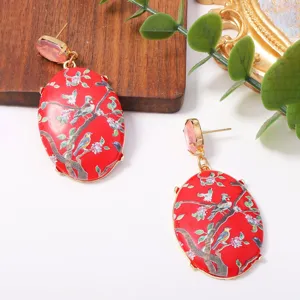 Chinese stijl vintage rode bedrukte ovale oorbellen met kristallen elegante dames sieraden