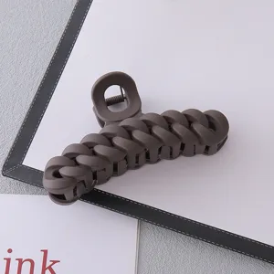 Large matte brown acrylic chain hair claw clip, stylish geometric shark clip for thick hair.