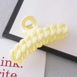 Yellow chain acrylic hair claw clip detail, stylish solid color shark clip for thick hair.