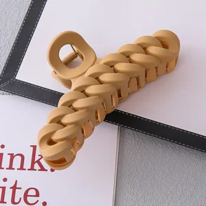 Close up view of matte khaki chain link hair claw clip, acrylic shark clip detail.