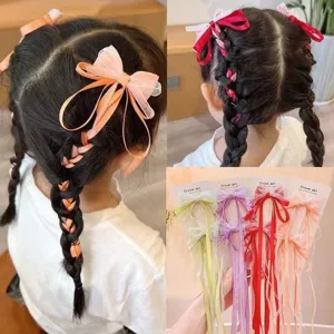 Cute kids mesh ribbon hair bows with long streamers braided hair clips cute hair accessories