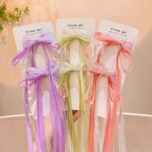 Kids mesh bow hair clips with long ribbons, cute hair accessories for girls daily hanfu wear.