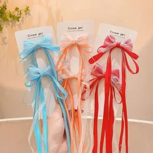 Children mesh bow long ribbon hair clips cute dual clips sweet girls hair accessories