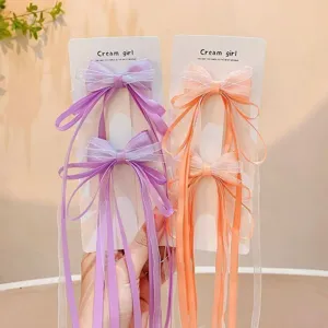 Children cute bow mesh long ribbon hair clips pair set, sweet hair accessories for girls.