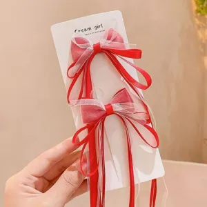 Children red mesh bow hair clips long ribbon cute hair accessories for daily wear