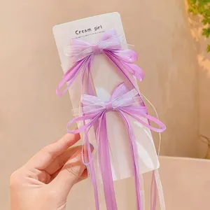 Kids purple mesh bow hair clips long ribbon hairpins cute ancient style hair accessories
