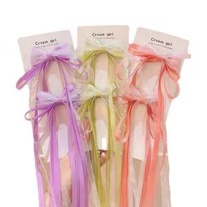 Kids bow hair clips with long mesh ribbons, cute hair accessories for girls and Hanfu style.