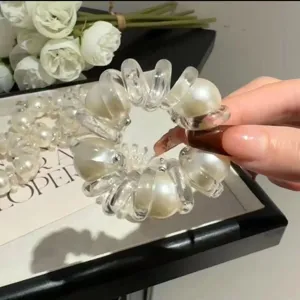 Elastico per capelli filo telefonico trasparente con grandi perle bianche bracciale
