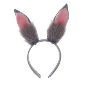 Simpatico cerchietto con orecchie di coniglio in peluche grigio, morbido accessorio cosplay.