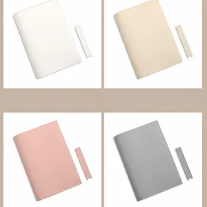 PU leather book cover detail showing multiple color options and matching bookmarks inside.