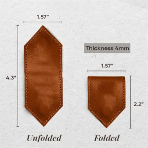 Detail view showing dimensions of leather magnetic bookmark, unfolded and folded size specs.