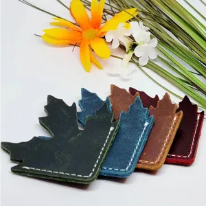 Handmade leather maple leaf bookmark vintage crazy horse leather page marker for reading